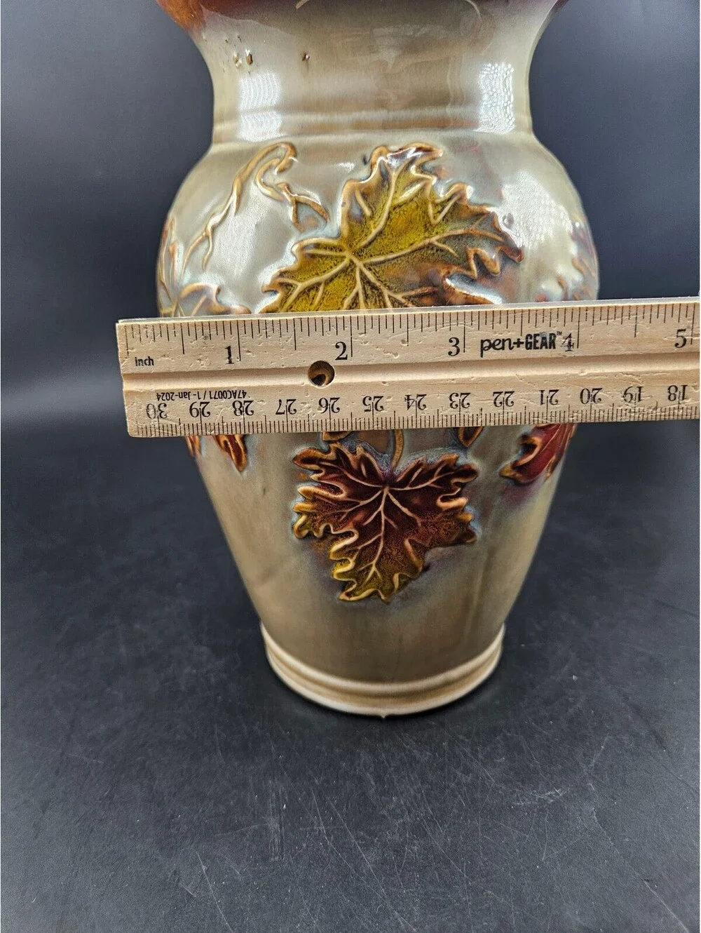 Vintage Ceramic Vase with Raised Autumn Leaves Design